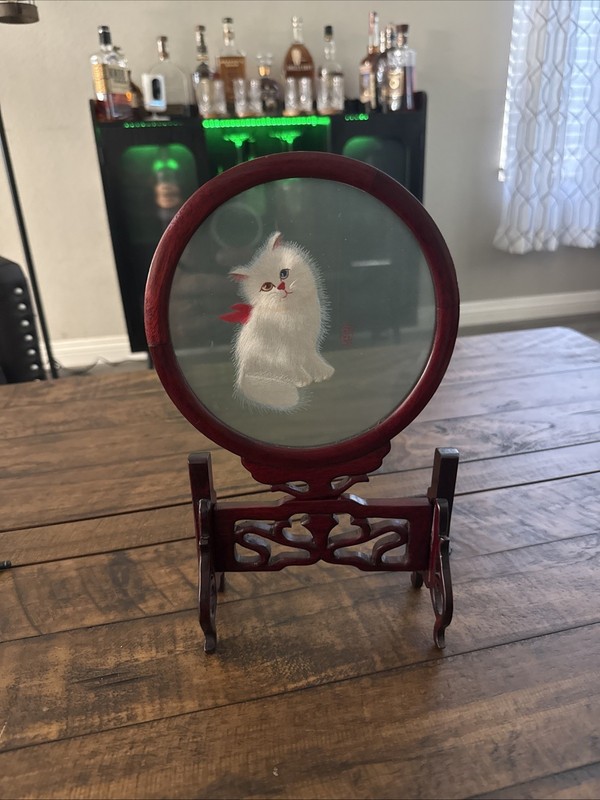 Vintage Chinese Glass Silk Hand Embroidery White Cat Framed Wood Stand AS IS