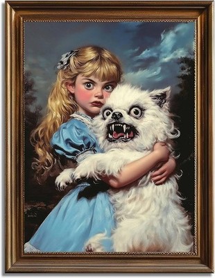 Best Halloween Surreal Spooky Horror Wall art Whimsical Girl Holding Ugly Dog