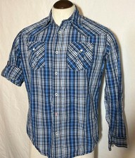 PD C Blue  White Plaid Shirt Long Tab Sleeves Sz Medium