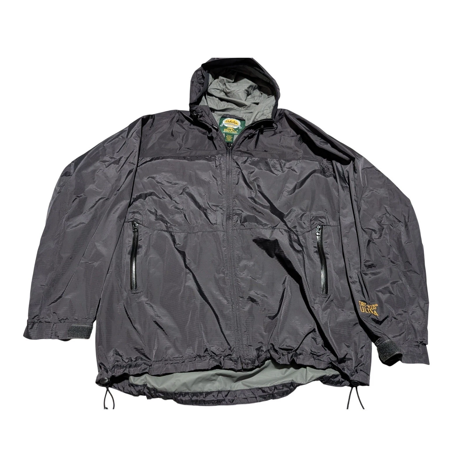 Cabelas Dry-Plus Ultra Rain Jacket Mens Medium Black Nylon Ripstop Hooded Shell