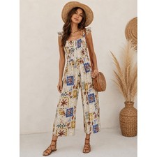 Above And Beyond Wide-Leg Jumpsuit Cream Blue Size Medium Boho Vacation