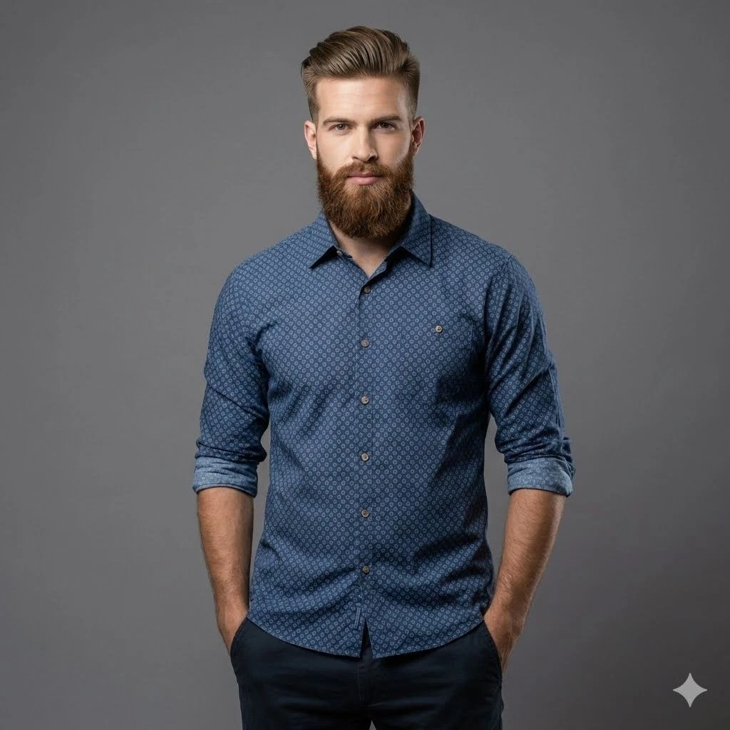 Campia Easy Care Mens Large Geometric Print Long Sleeve Button-Up Shirt Blue