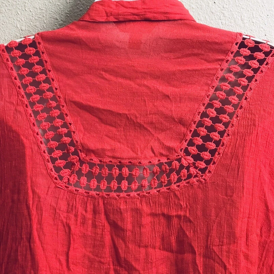 热卖 粉色上衣 女式 1X 皱结 领带 腰波西米亚 蕾丝纽扣 3/4 卷片 — 第 2/4 张图片