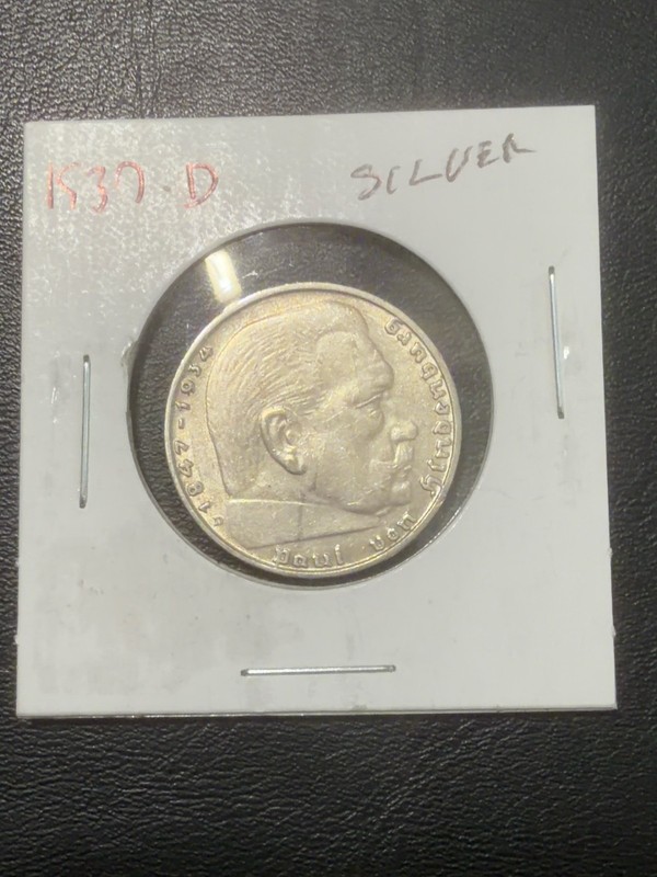 1937 D Germany 2 Reichsmark Silver Coin 62.5% Hindenburg Munich Mint WWII Era