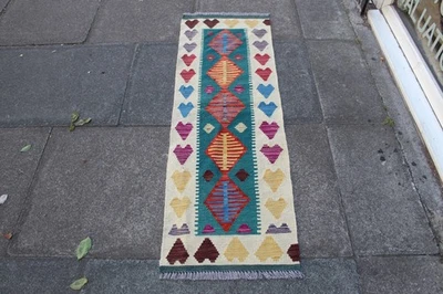 Tapis Kilim Oriental Bleu En Laine Fait Main Traditionnel Couloir 150x51 cm - Photo 1/4