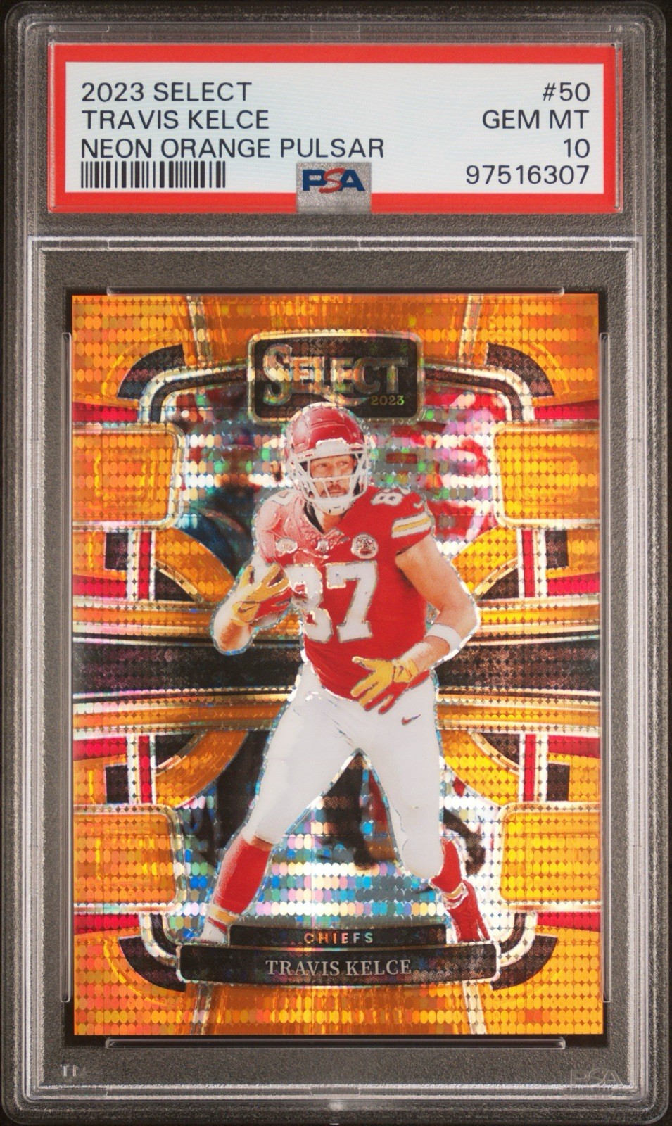 Travis Kelce 7/7 Neon Orange Pulsar PSA 10 GEM MINT 2023 Select #50 view 1