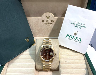 1979 ROLEX 18038 Mahogany Burlwood Dial Italian Day-Date 36mm 18K Y/Gold w/ B&P