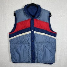Vintage 70s Camel Puffer Ski Vest Mens XL Goose Down Feather Blue Red REVERSIBLE