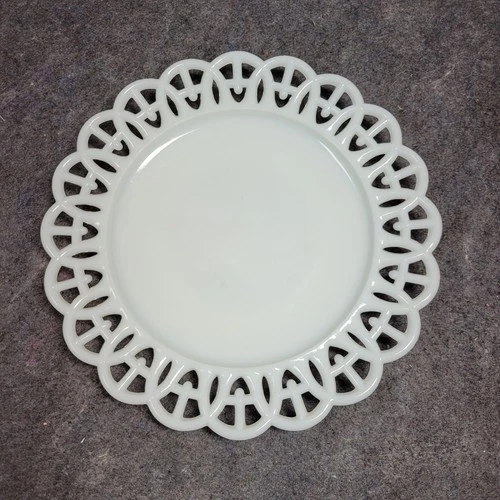 Vintage Milk Glass Plate Collectible Lace Wicker Cross Edged Dish 8.75"