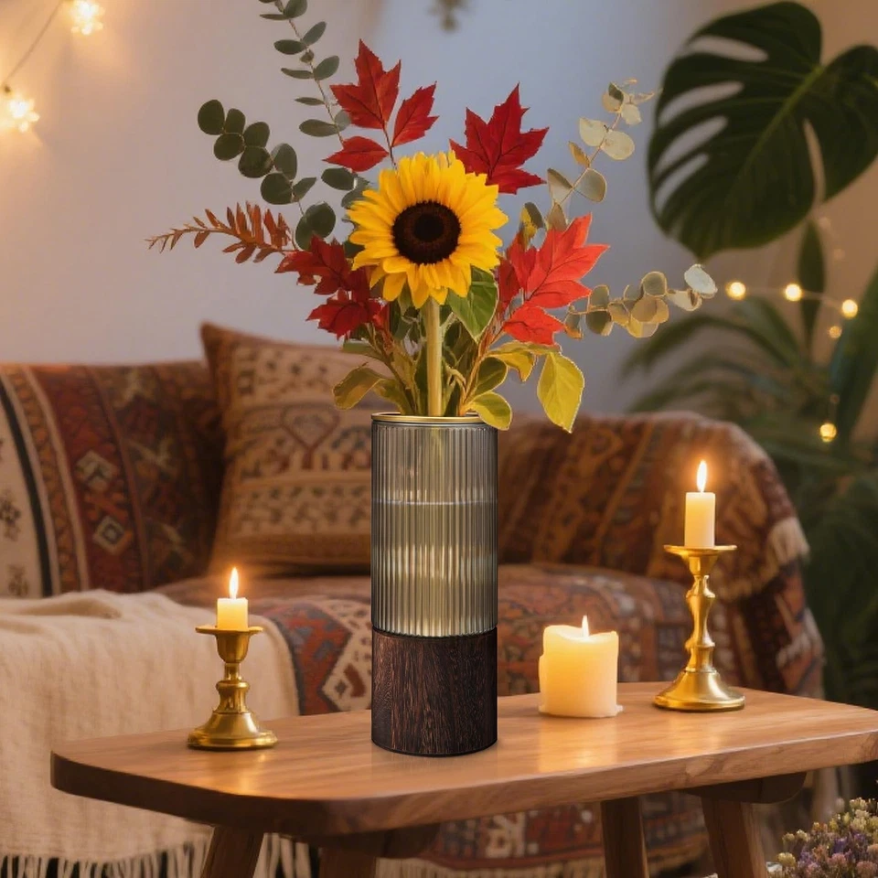 Ribbed Glass Vase Set of 2 Vases for Flowers,10" H Wood Glass Vase with Solid... - Image 2 of 4