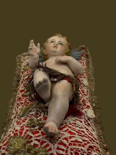 Bambino Gesù Bambinello Napoletano Culla Crib 18 Cm Argilla Occhi Vetro - Foto 6 di 12