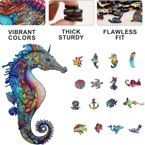 Unique 300-Piece Wooden Jigsaw Puzzle - Unicorn Seahorse, Perfect Family Gift - Picture 6 of 9