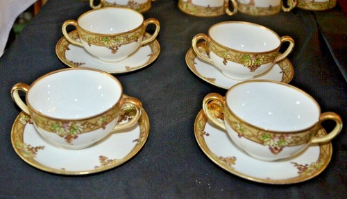 QTY 4 Noritake NIPPON Double Handled Soup Bowls w/ under-plate c1911 hand ename