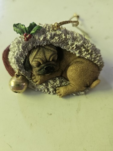Danbury Mint Pugs And Kisses "Stocking Snooze" Ornament Sleeping in Santa's Hat