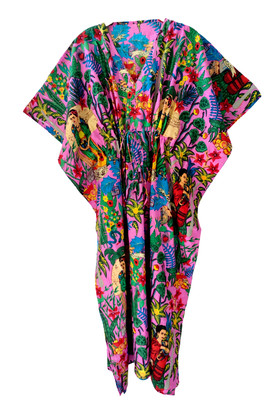 Kaftan Pink Floral Farida Kahlo Long Gown Beach Cover Ups Cotton Nightwear