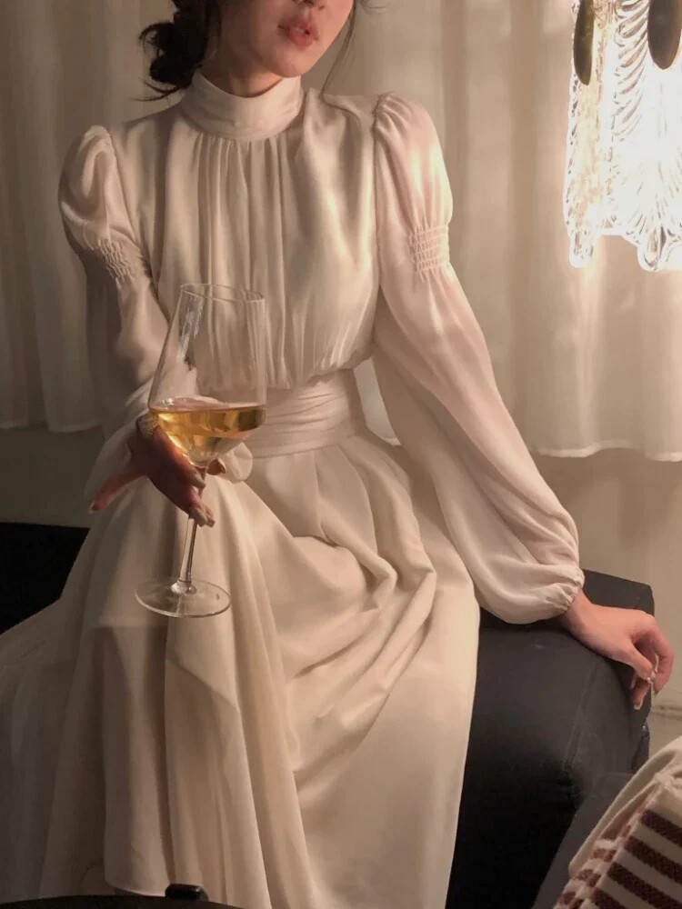 Floral Midi Dress Chiffon Long Sleeve Dress Woman Beach Fairy One