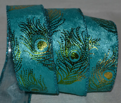 Wired Ribbon~Velvet Blue Green Peacock Feather~Aqua~Gold~1.5''~Splice~Wreath~Bow