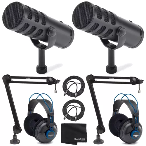 2x Samson Q9U XLR/USB Dynamic Broadcast Microphone + 2x Headphones + 2x Boom Arm