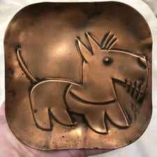 Copper Art Deco REBAJES 5.875” Square Scotty Dog Art Dish Original Patina