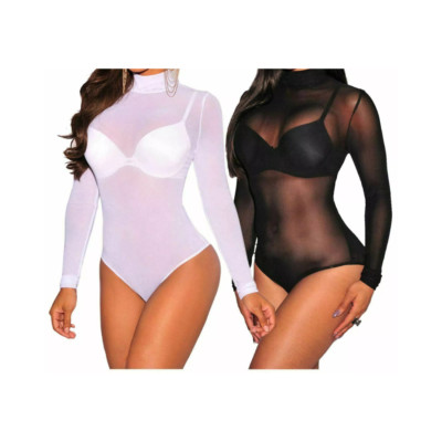 Damen-Polo-Body transparent Netz Rollkragen Langarm Turnanzug Tops UK 8 14