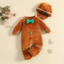 NEW Christmas Gingerbread Man Baby Boy Girl Velour Romper Jumpsuit