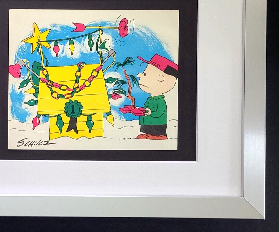 CHARLES SCHULZ + Dibujos animados firmados de Navidad 1968 Peanuts SNOOPY + Marco nuevo Foto 2 de 3