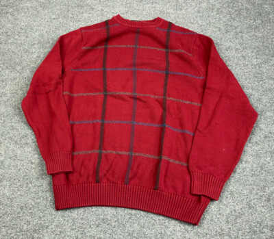 VTG Dad Style Red Grid Check Pattern Sweater Adult XL Tall Chunky Knit Pullover