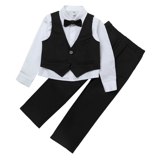 4Pcs Kids Boys Party Suits Long Sleeve Shirt Single-Breasted Vest Pants Tie Set - Picture 2 of 46