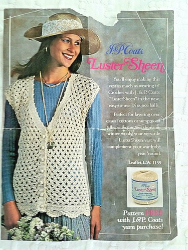 J P Coats 1159 LACE VEST crochet 2pg leaflet (6.5x8.5") Luster Sheen 1993 - Picture 1 of 4