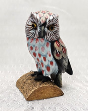 Vintage Ceramic Owl Figurine with Metal Talons on Wood Base Hand Painted