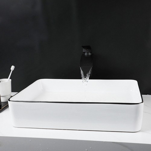 US Ceramic Sink Bathroom White Rectangle Basin Waterfall Deck Mounted Mixer Taps - Picture 8 of 12