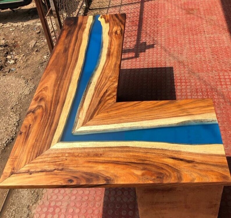 L-Shape Blue Epoxy Resin Countertop, Kitchen Countertop, Walnut Wood Epoxy Table-image