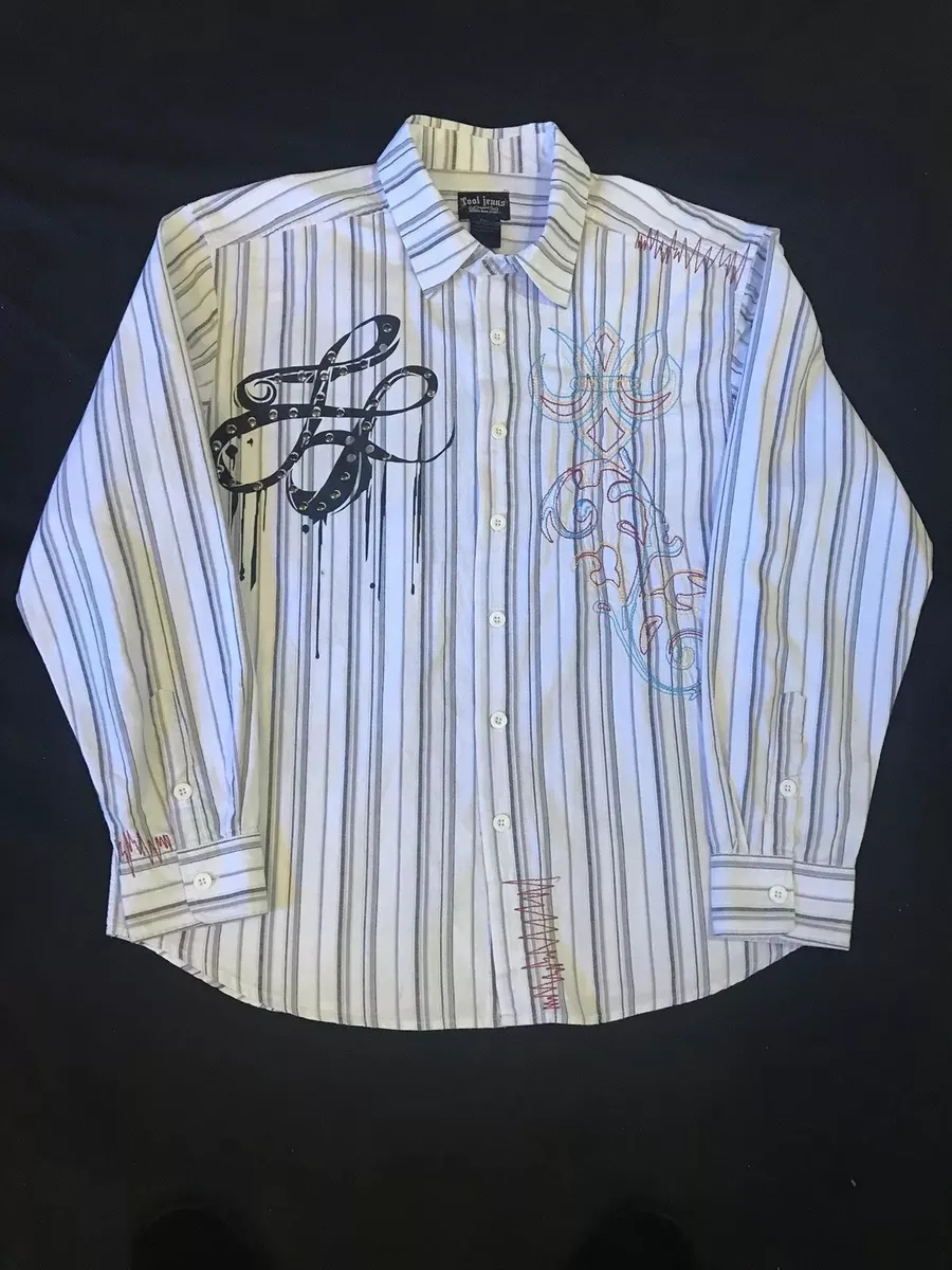 Tool Jean Shirt/Button Up Men Sz.3X-Cotton-Stripe-Blur/Wht- Fleur De  Lis-LSleeve