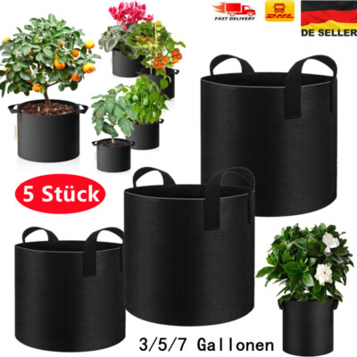5 X Grow Bag Round Pflanzsäcke Stofftopf Mit Henkeln Pflanztasche 11/20/26 L DHL