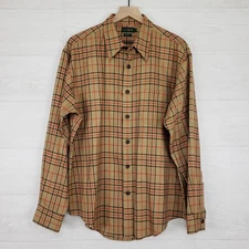 J. Crew Wool Button Up Long Sleeve Shirt Men's Size Large Plaid Brown Red 