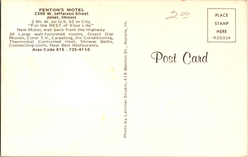 Vintage Postcard Fenton's Motel Jefferson St Joliet IL Illinois C336
