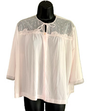 Vintage Lorraine Embroidered Chiffon Lace Bed Jacket Lingerie Pink Silky Sz L