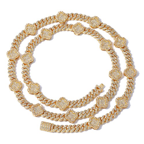 Cadena de eslabones cubanos Miami trébol de cuatro hojas chapado en oro helado acero inoxidable 6 mm - Imagen 13 de 26