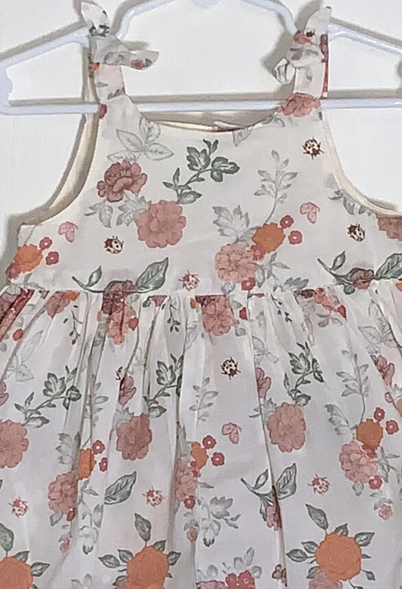 H&M Bebé Niña 18M Solero Marfil con Naranja Verde Flores Botones Traseros Nuevo con Etiquetas Foto 3 de 4