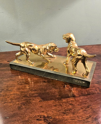 Antike / Vintage Messing Spielpistole Hund Skulptur auf schwerem Granitsockel