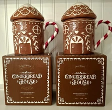 Pottery Barn Gingerbread House Lidded Mugs - 2 Sets/2 MUGS Stoneware Christmas