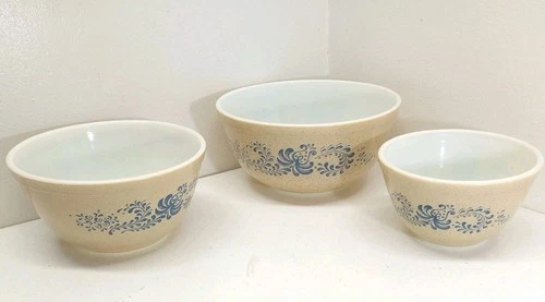 3 Vtg Pyrex Homestead Blue Speckled Nesting Mixing Bowls Set 401 402 403