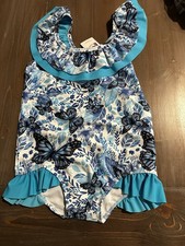 Kucnuzki Girls One Piece Swimsuit Blue Butterfly Floral Ruffle NWT Size 5-6