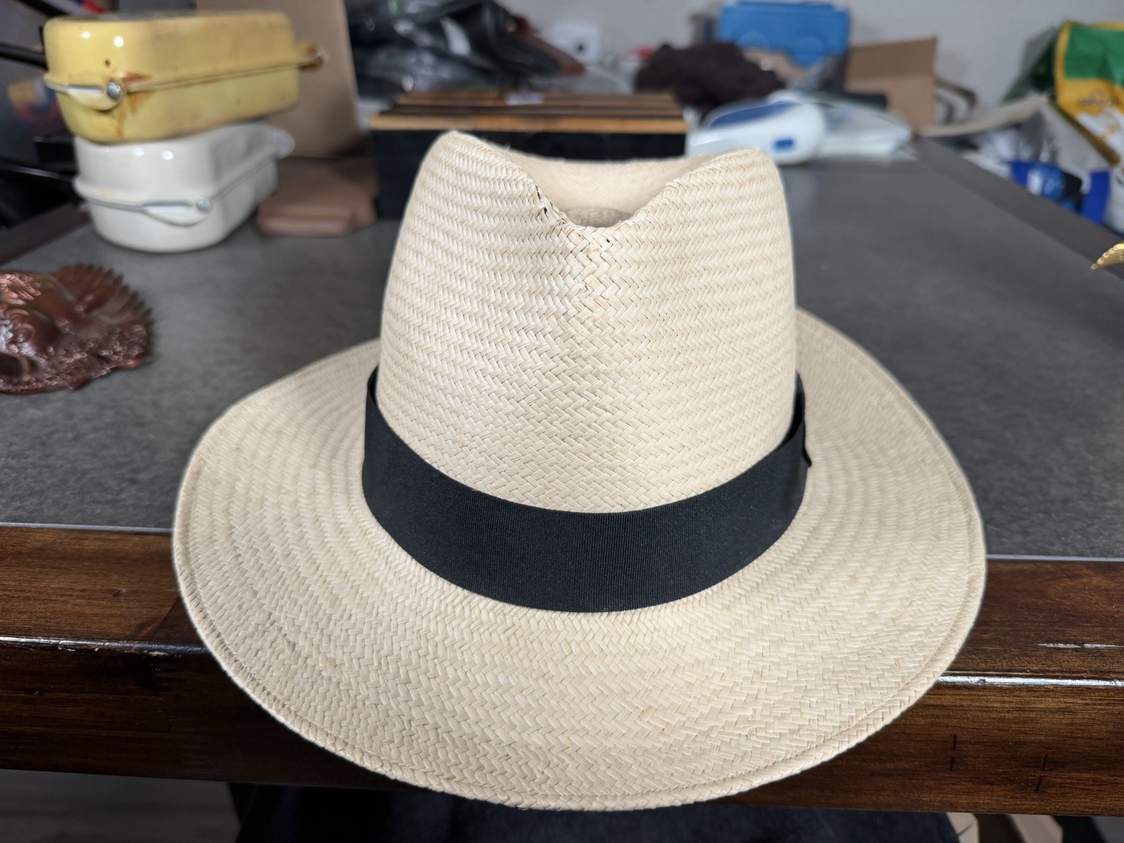 Hand Woven Ecuador Panama Straw Fedora Hat Natural Toquilla Palm Black Band