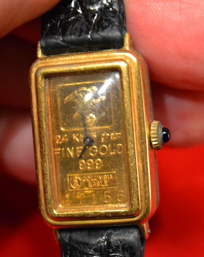 Orologio Vintage 5 Grammi Oro 24Kt Lingotto 999 Columbia Eagle, Cinturino HIRSCH Non Funzionante - Foto 10 di 12