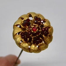 Antique vintage hatpin hat pin round flower red stones 8" long gold tone metal