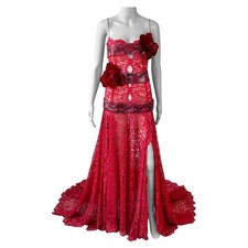 Dolce & Gabbana S/S 2005 Runway Red Lace Python Leather Train Evening Dress Gown