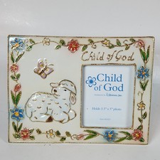 Enamel Child Of God Picture Frame Floral Lamb 3.5x5 Photo Baby Nursery Retro