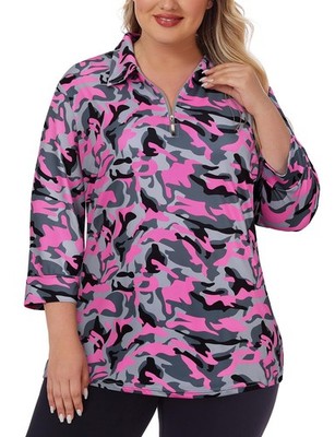 Plus Size Womens Golf Polo Shirts 3/4 Sleeve Zip Up Quick Dry Workout Tops Pi...