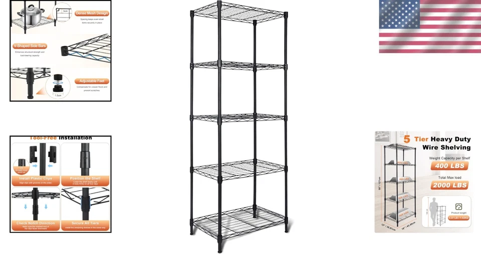 Estante de almacenamiento de metal resistente de 5 niveles - 2000 libras de capacidad total, ideal para cualquier habitación Foto 2 de 4